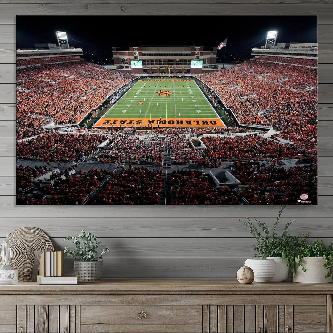 Experience the panoramic view of Boone Pickens Stadium at night, featuring a vibrant green field and fans in orange attire. This Oklahoma State Cowboys Football Team Print is expertly captured on premium canvas with a gallery-quality finish, making it the perfect handmade wall art for your space.