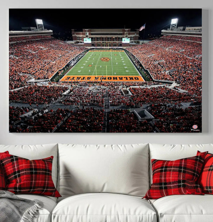 Experience the panoramic view of Boone Pickens Stadium at night, featuring a vibrant green field and fans in orange attire. This Oklahoma State Cowboys Football Team Print is expertly captured on premium canvas with a gallery-quality finish, making it the perfect handmade wall art for your space.