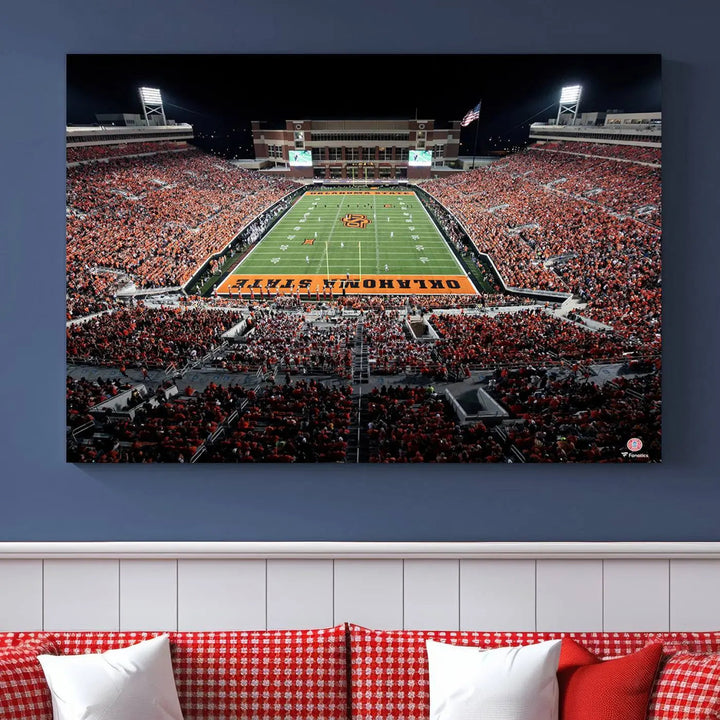 Experience the panoramic view of Boone Pickens Stadium at night, featuring a vibrant green field and fans in orange attire. This Oklahoma State Cowboys Football Team Print is expertly captured on premium canvas with a gallery-quality finish, making it the perfect handmade wall art for your space.