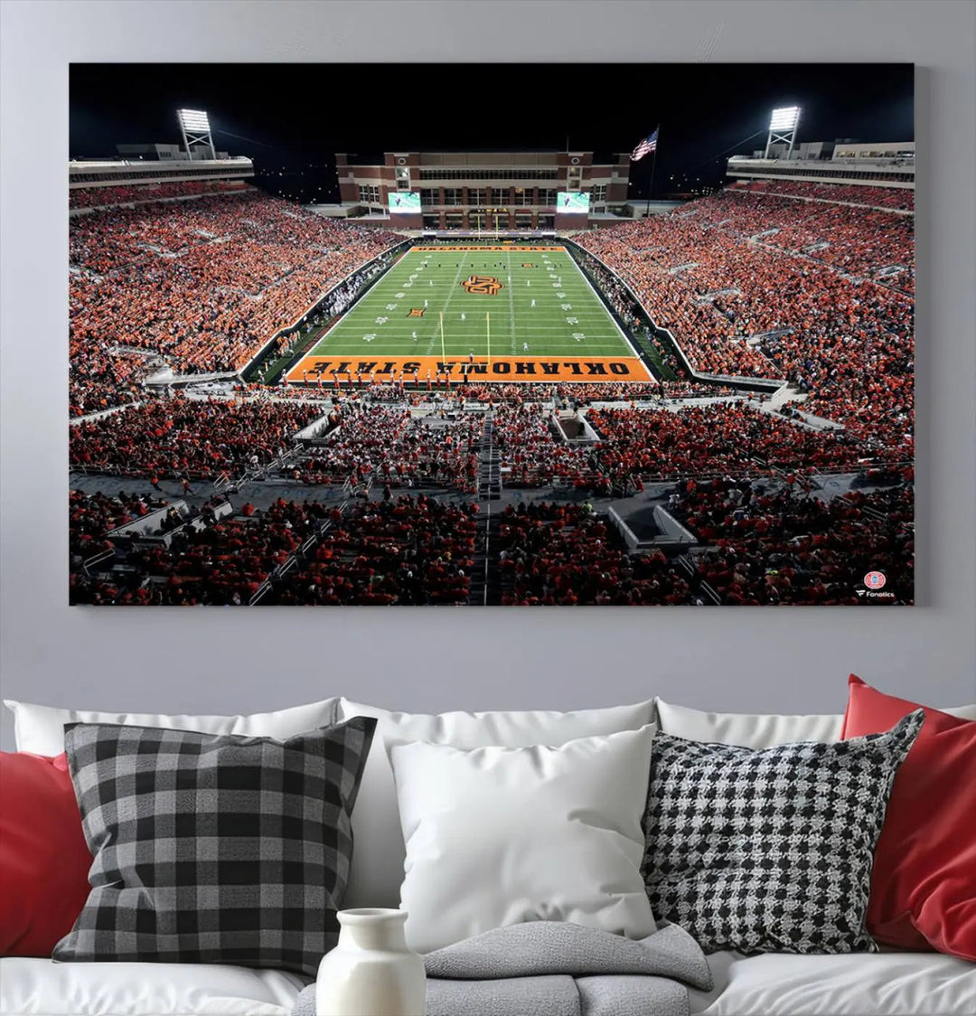 Experience the panoramic view of Boone Pickens Stadium at night, featuring a vibrant green field and fans in orange attire. This Oklahoma State Cowboys Football Team Print is expertly captured on premium canvas with a gallery-quality finish, making it the perfect handmade wall art for your space.