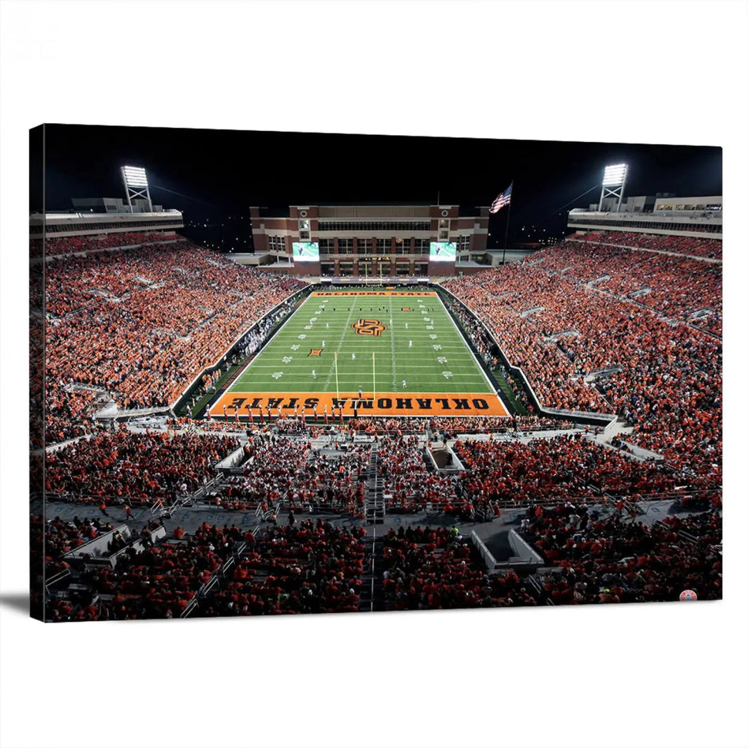 Experience the panoramic view of Boone Pickens Stadium at night, featuring a vibrant green field and fans in orange attire. This Oklahoma State Cowboys Football Team Print is expertly captured on premium canvas with a gallery-quality finish, making it the perfect handmade wall art for your space.