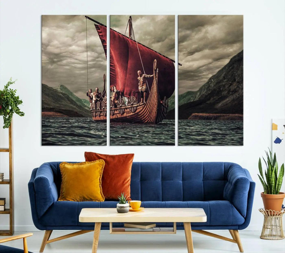 The Old Viking Ship Wall Art Canvas Print adds a striking presence to a modern living room. This artwork is crafted on museum-quality canvas with a UV-protective coating, ensuring long-lasting beauty and offering free shipping for your convenience.