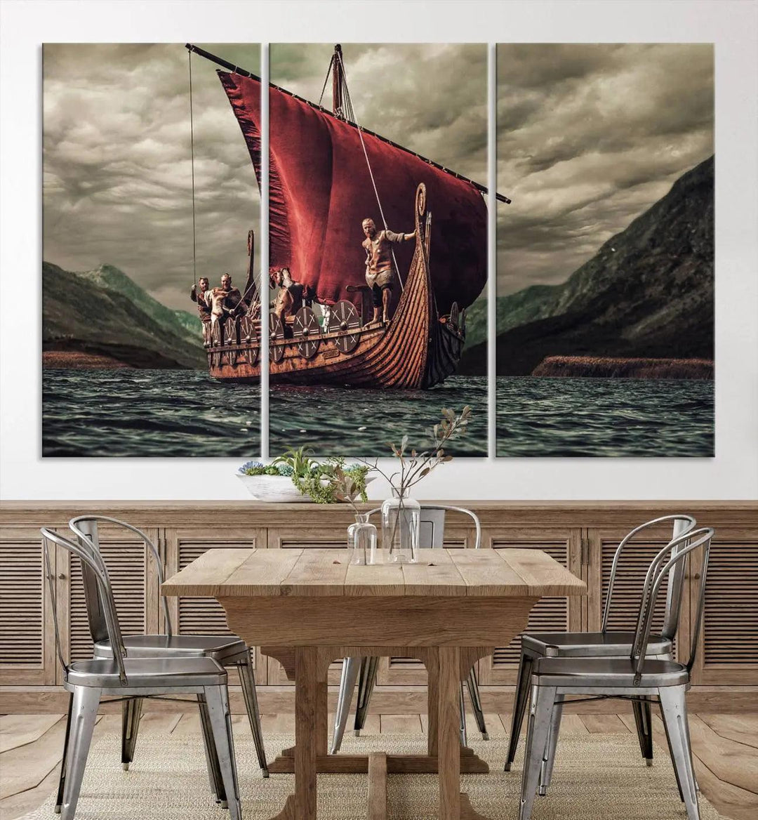 The Old Viking Ship Wall Art Canvas Print adds a striking presence to a modern living room. This artwork is crafted on museum-quality canvas with a UV-protective coating, ensuring long-lasting beauty and offering free shipping for your convenience.