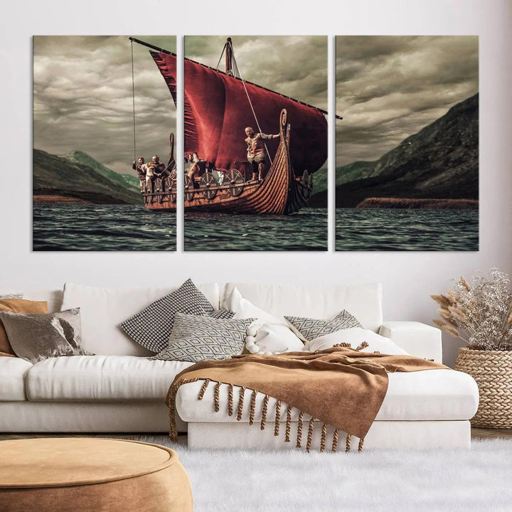 The Old Viking Ship Wall Art Canvas Print adds a striking presence to a modern living room. This artwork is crafted on museum-quality canvas with a UV-protective coating, ensuring long-lasting beauty and offering free shipping for your convenience.