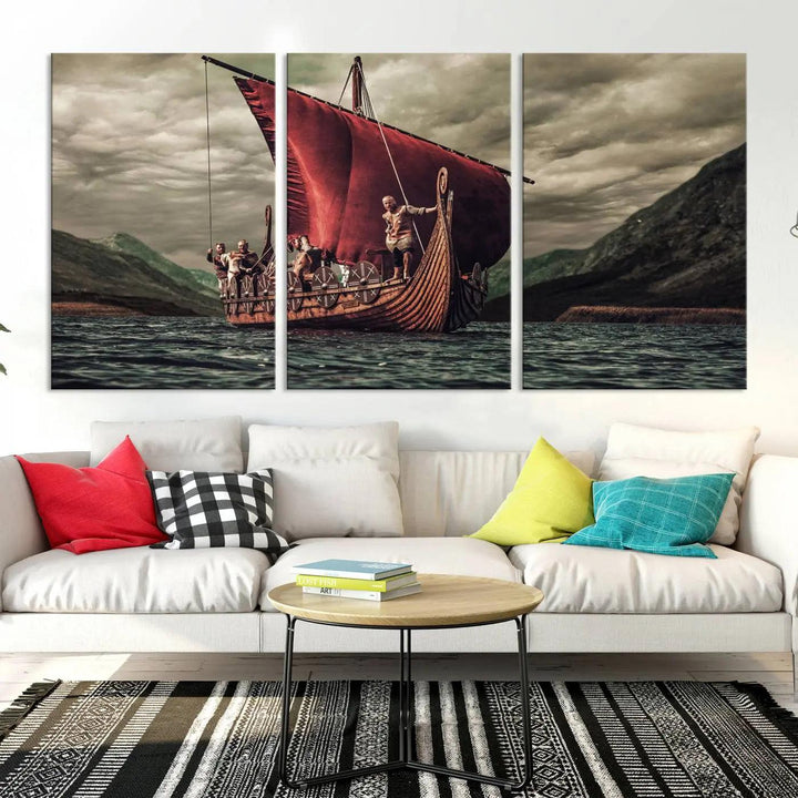 The Old Viking Ship Wall Art Canvas Print adds a striking presence to a modern living room. This artwork is crafted on museum-quality canvas with a UV-protective coating, ensuring long-lasting beauty and offering free shipping for your convenience.