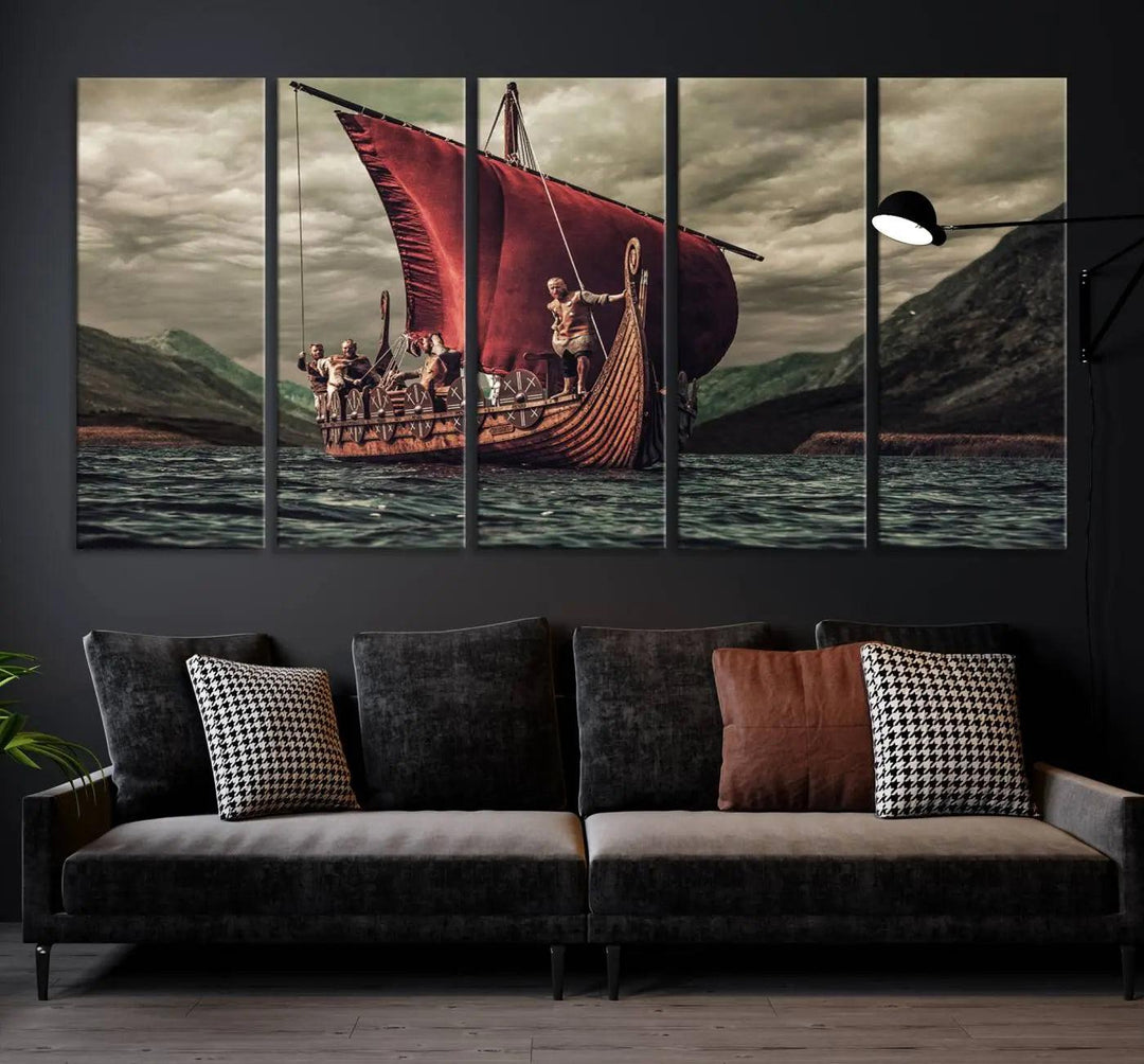 The Old Viking Ship Wall Art Canvas Print adds a striking presence to a modern living room. This artwork is crafted on museum-quality canvas with a UV-protective coating, ensuring long-lasting beauty and offering free shipping for your convenience.