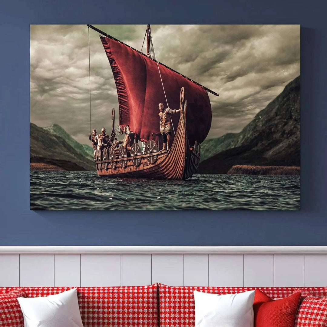 The Old Viking Ship Wall Art Canvas Print adds a striking presence to a modern living room. This artwork is crafted on museum-quality canvas with a UV-protective coating, ensuring long-lasting beauty and offering free shipping for your convenience.