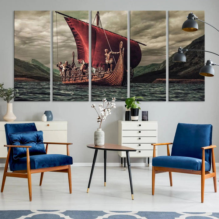 The Old Viking Ship Wall Art Canvas Print adds a striking presence to a modern living room. This artwork is crafted on museum-quality canvas with a UV-protective coating, ensuring long-lasting beauty and offering free shipping for your convenience.