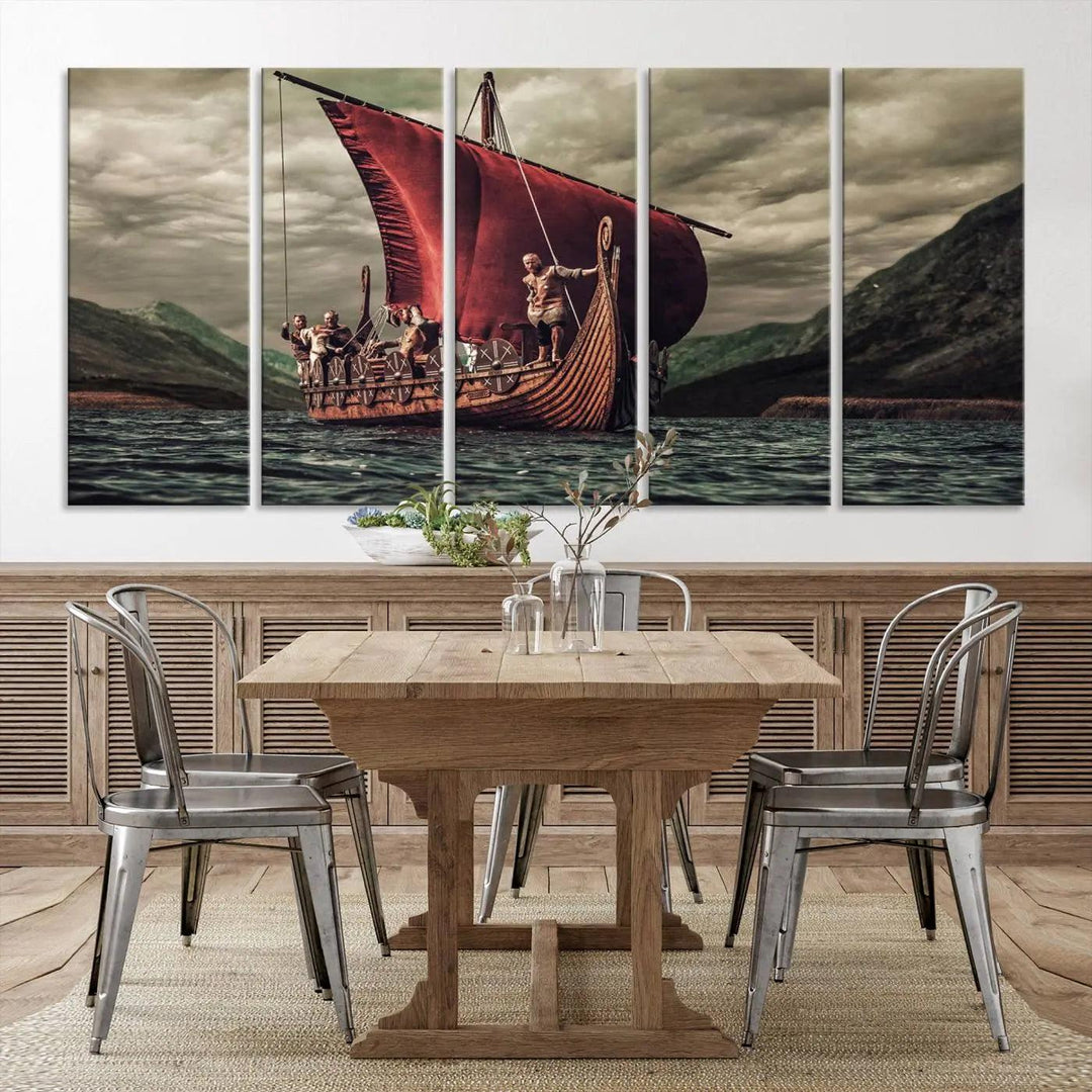 The Old Viking Ship Wall Art Canvas Print adds a striking presence to a modern living room. This artwork is crafted on museum-quality canvas with a UV-protective coating, ensuring long-lasting beauty and offering free shipping for your convenience.