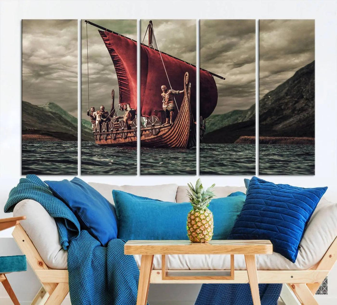 The Old Viking Ship Wall Art Canvas Print adds a striking presence to a modern living room. This artwork is crafted on museum-quality canvas with a UV-protective coating, ensuring long-lasting beauty and offering free shipping for your convenience.