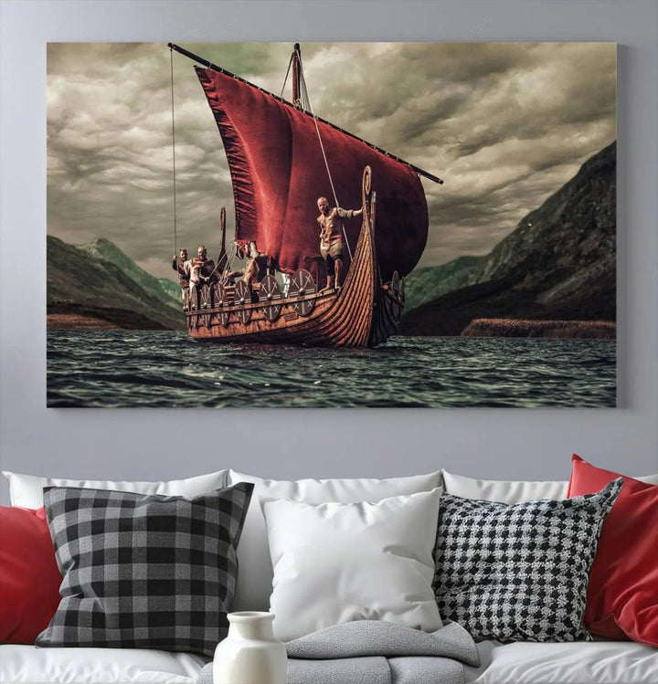 The Old Viking Ship Wall Art Canvas Print adds a striking presence to a modern living room. This artwork is crafted on museum-quality canvas with a UV-protective coating, ensuring long-lasting beauty and offering free shipping for your convenience.