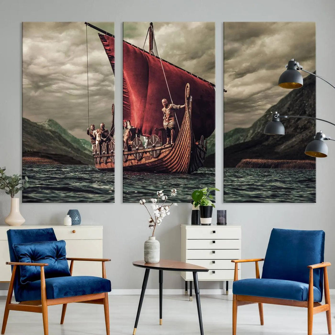 The Old Viking Ship Wall Art Canvas Print adds a striking presence to a modern living room. This artwork is crafted on museum-quality canvas with a UV-protective coating, ensuring long-lasting beauty and offering free shipping for your convenience.