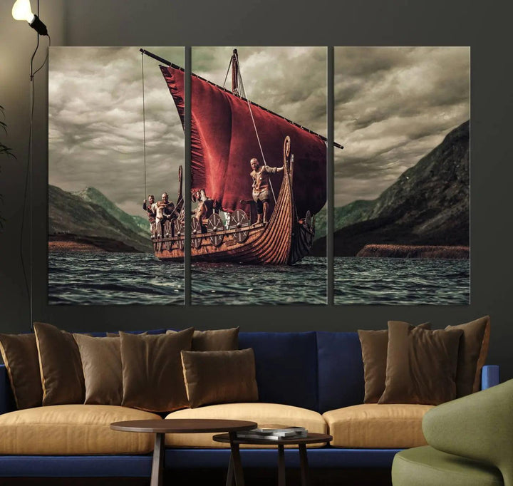 The Old Viking Ship Wall Art Canvas Print adds a striking presence to a modern living room. This artwork is crafted on museum-quality canvas with a UV-protective coating, ensuring long-lasting beauty and offering free shipping for your convenience.