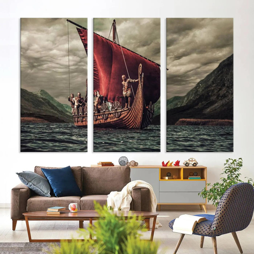 The Old Viking Ship Wall Art Canvas Print adds a striking presence to a modern living room. This artwork is crafted on museum-quality canvas with a UV-protective coating, ensuring long-lasting beauty and offering free shipping for your convenience.