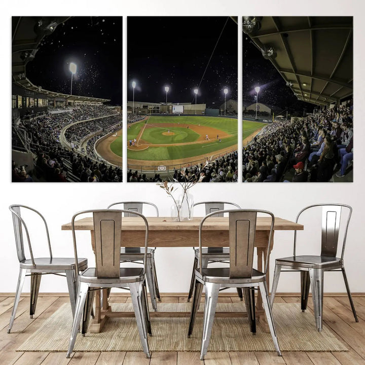 The living room is accentuated by the gallery-quality finish of a stunning three-panel canvas, the "Olsen Field at Blue Bell Park - Texas A&M Aggies Baseball Stadium Wall Art Canvas Print," beautifully depicting a baseball stadium at night.