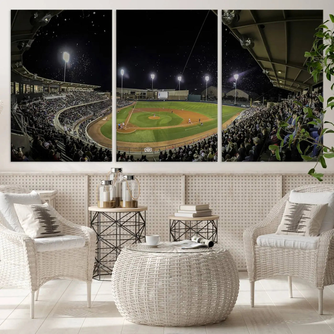 The living room is accentuated by the gallery-quality finish of a stunning three-panel canvas, the "Olsen Field at Blue Bell Park - Texas A&M Aggies Baseball Stadium Wall Art Canvas Print," beautifully depicting a baseball stadium at night.