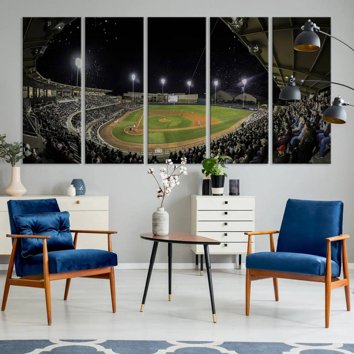 The living room is accentuated by the gallery-quality finish of a stunning three-panel canvas, the "Olsen Field at Blue Bell Park - Texas A&M Aggies Baseball Stadium Wall Art Canvas Print," beautifully depicting a baseball stadium at night.