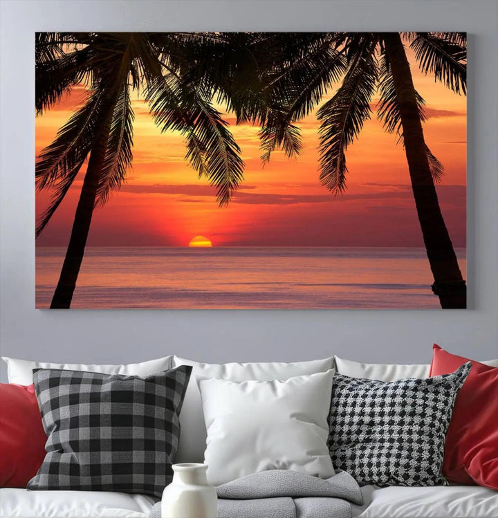 The living room features the "Palm Sunset Sea Ocean Beach Wall Art Canvas Print, Framed Ready to Hang" above the sofa.