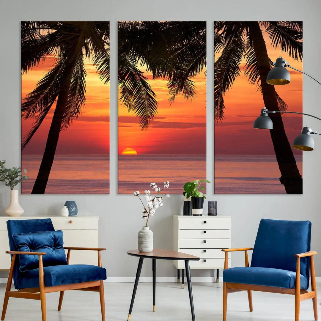 The living room features the "Palm Sunset Sea Ocean Beach Wall Art Canvas Print, Framed Ready to Hang" above the sofa.