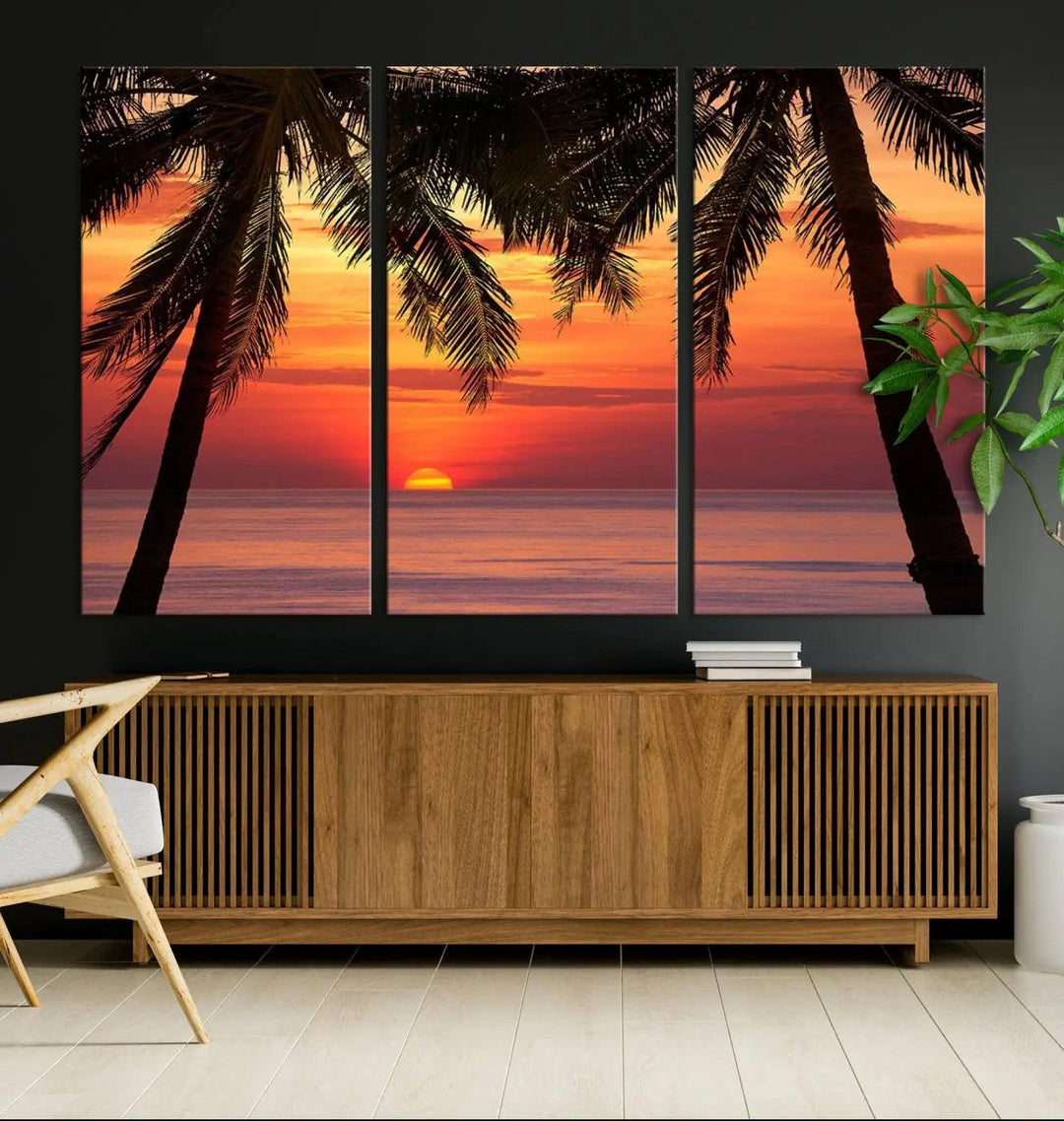 The living room features the "Palm Sunset Sea Ocean Beach Wall Art Canvas Print, Framed Ready to Hang" above the sofa.