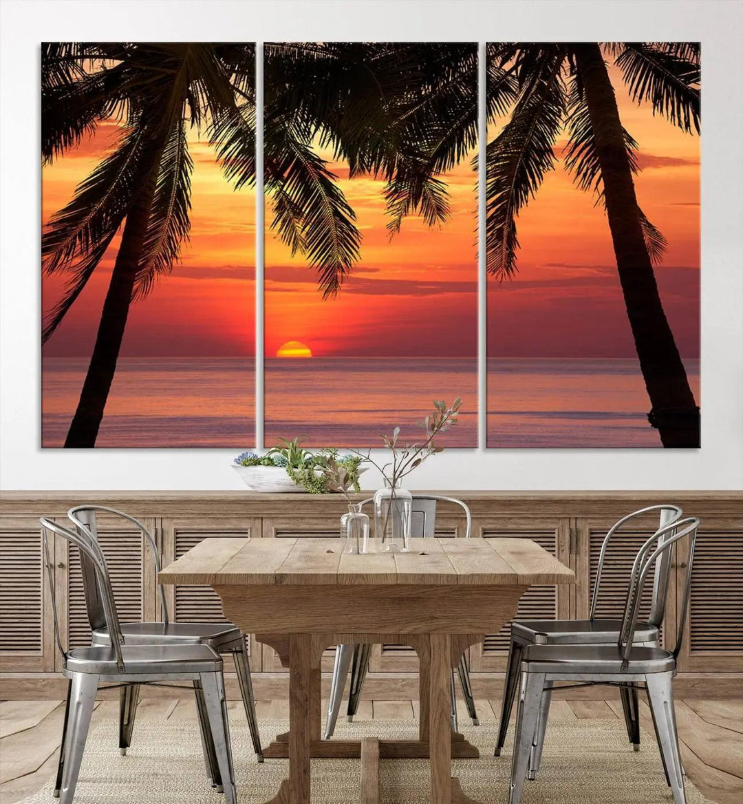 The living room features the "Palm Sunset Sea Ocean Beach Wall Art Canvas Print, Framed Ready to Hang" above the sofa.