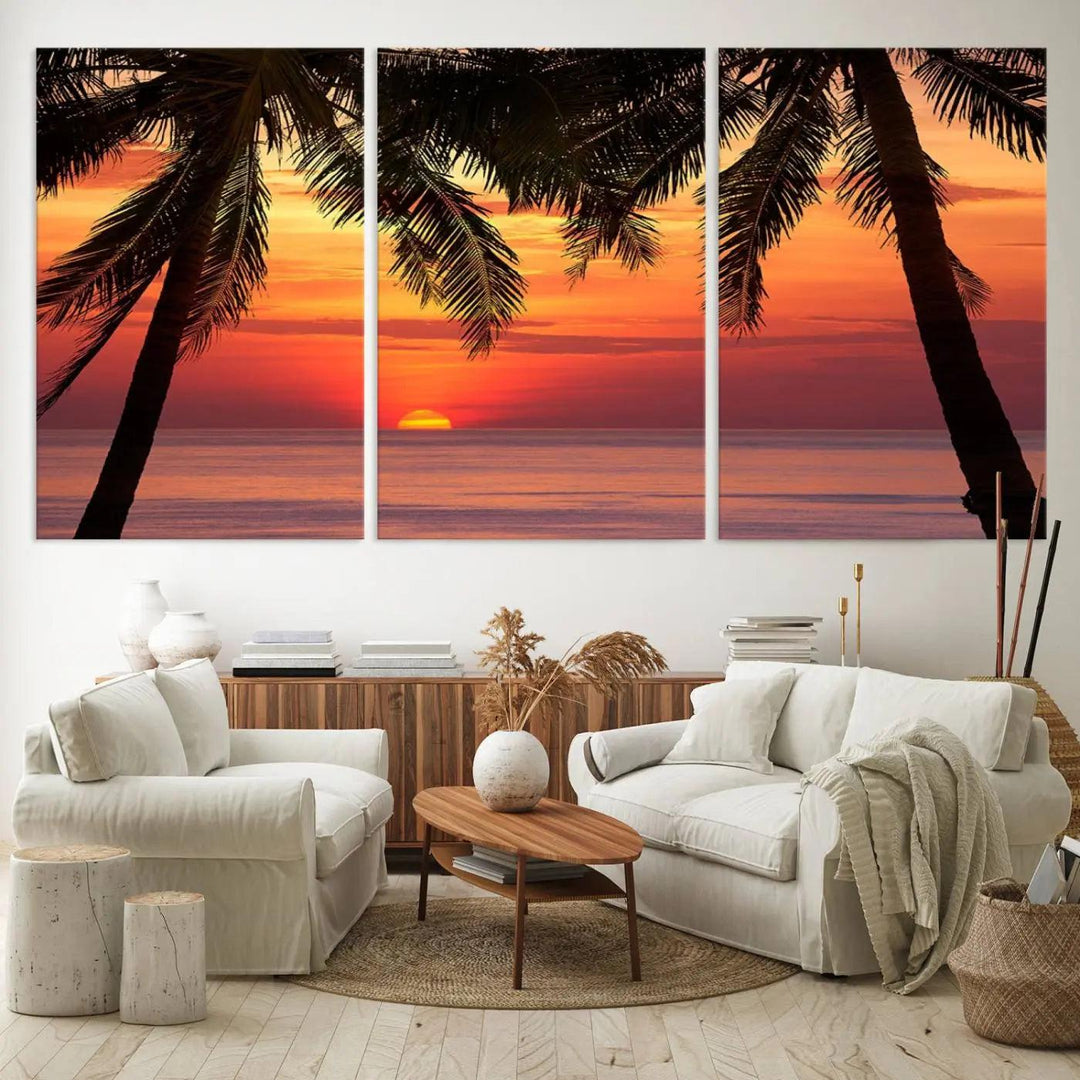 The living room features the "Palm Sunset Sea Ocean Beach Wall Art Canvas Print, Framed Ready to Hang" above the sofa.