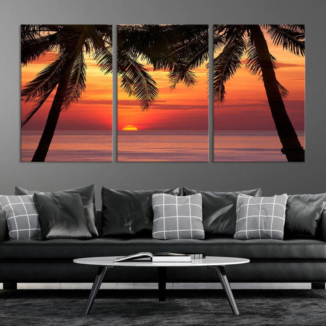 The living room features the "Palm Sunset Sea Ocean Beach Wall Art Canvas Print, Framed Ready to Hang" above the sofa.