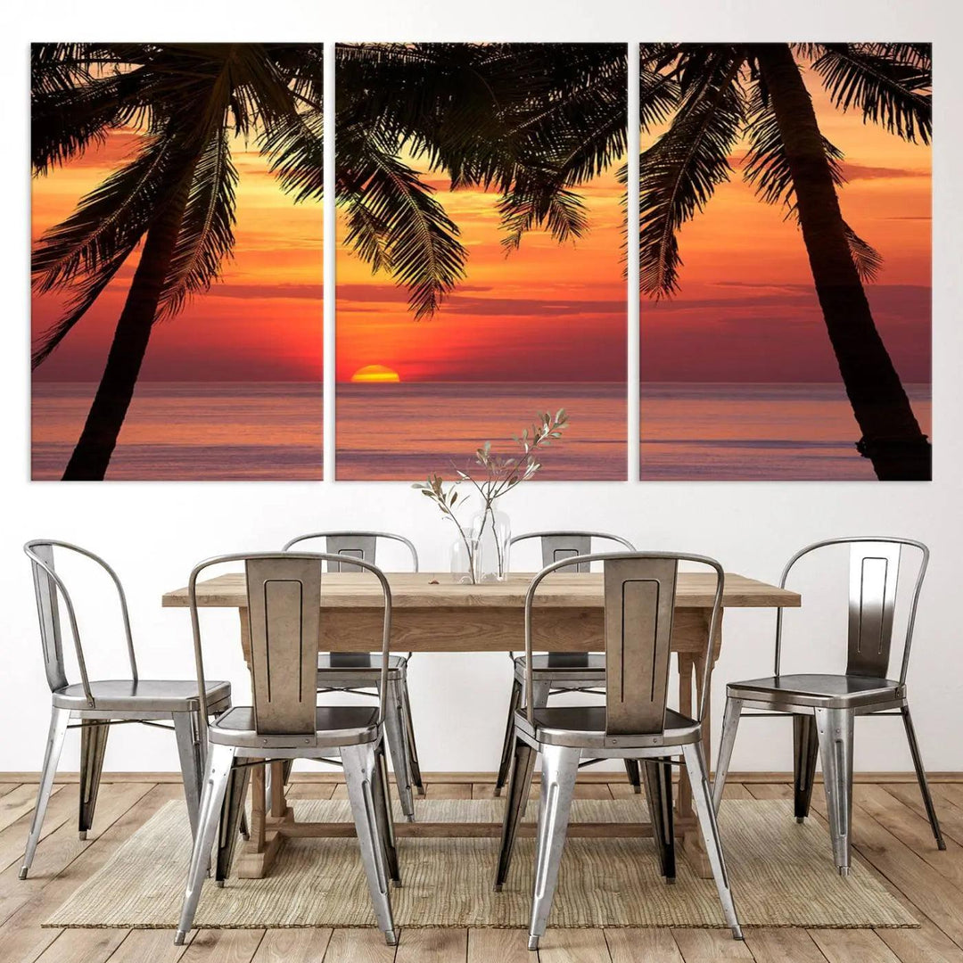 The living room features the "Palm Sunset Sea Ocean Beach Wall Art Canvas Print, Framed Ready to Hang" above the sofa.