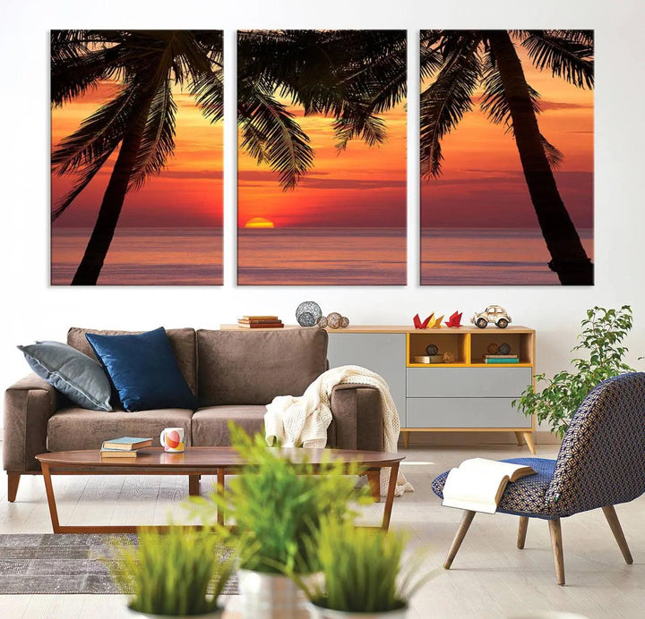 The living room features the "Palm Sunset Sea Ocean Beach Wall Art Canvas Print, Framed Ready to Hang" above the sofa.