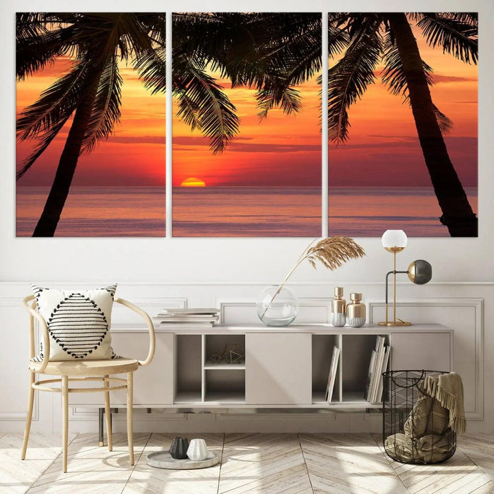 The living room features the "Palm Sunset Sea Ocean Beach Wall Art Canvas Print, Framed Ready to Hang" above the sofa.