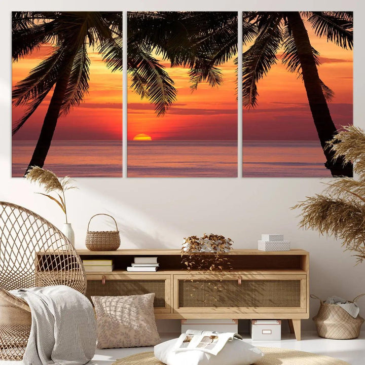 The living room features the "Palm Sunset Sea Ocean Beach Wall Art Canvas Print, Framed Ready to Hang" above the sofa.