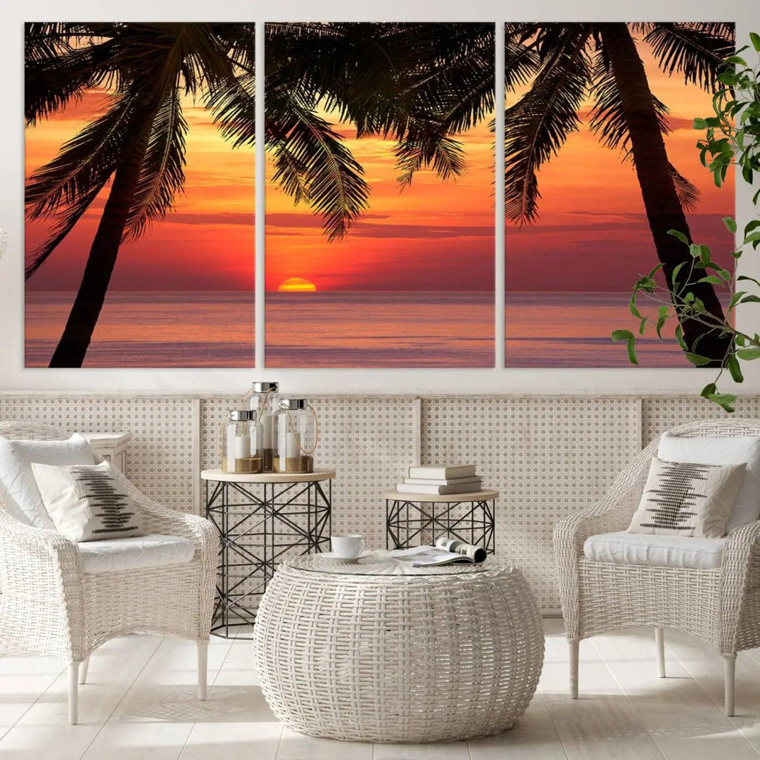 The living room features the "Palm Sunset Sea Ocean Beach Wall Art Canvas Print, Framed Ready to Hang" above the sofa.