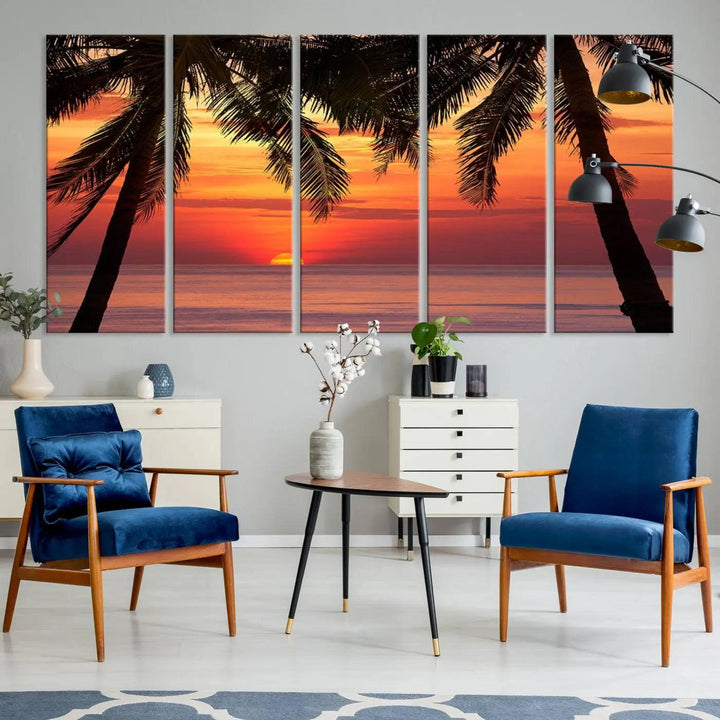 The living room features the "Palm Sunset Sea Ocean Beach Wall Art Canvas Print, Framed Ready to Hang" above the sofa.