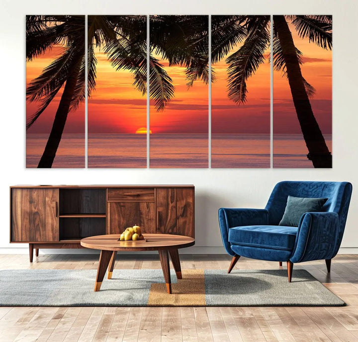 The living room features the "Palm Sunset Sea Ocean Beach Wall Art Canvas Print, Framed Ready to Hang" above the sofa.