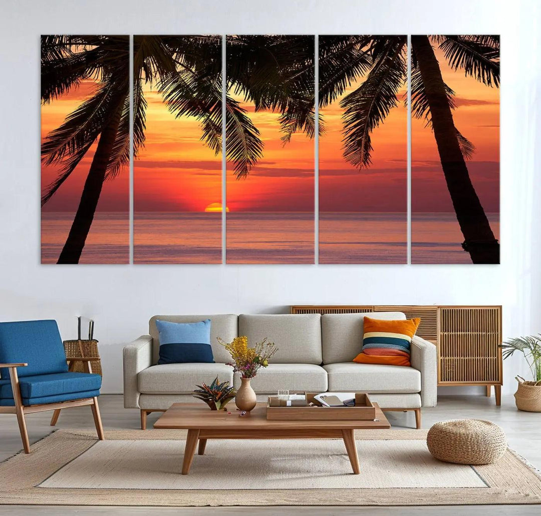 The living room features the "Palm Sunset Sea Ocean Beach Wall Art Canvas Print, Framed Ready to Hang" above the sofa.