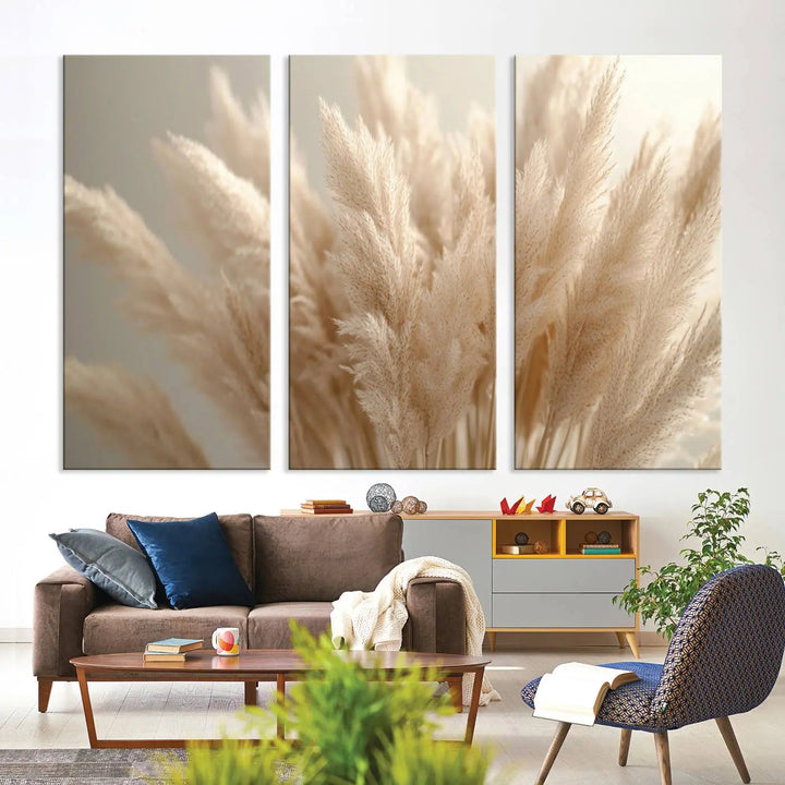 Pampas Grass Canvas Wall Art - Elegant Neutral Decor for Living Room, Boho Minimalist Artwork, Ready to Hang
