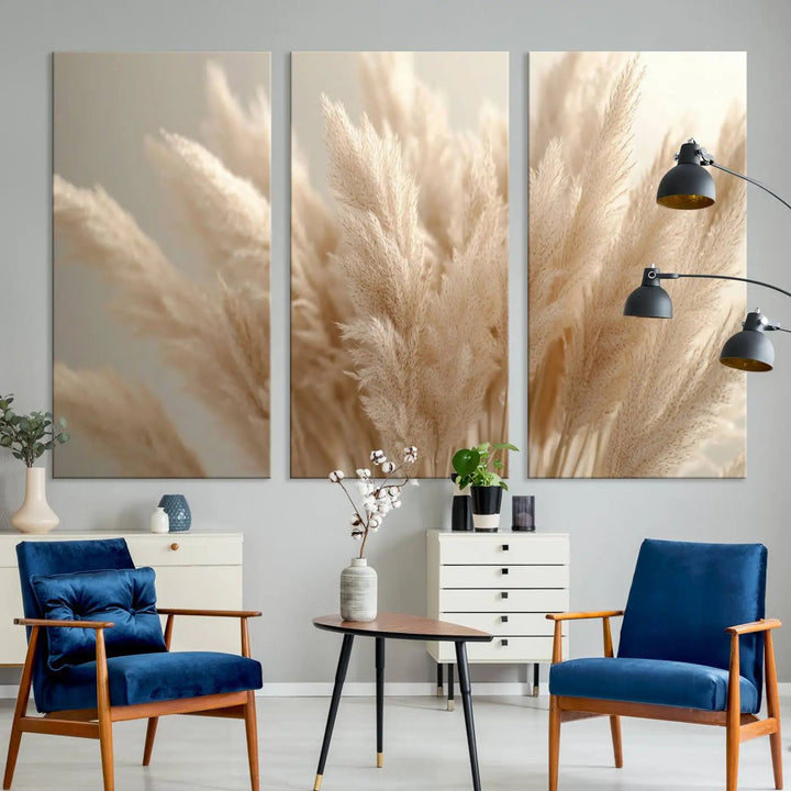 Pampas Grass Canvas Wall Art - Elegant Neutral Decor for Living Room, Boho Minimalist Artwork, Ready to Hang