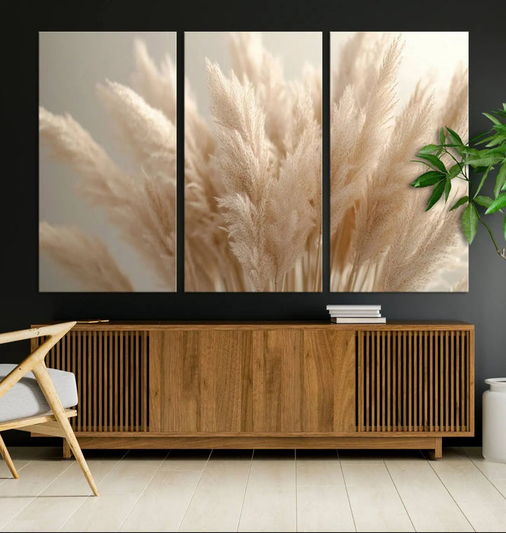 Pampas Grass Canvas Wall Art - Elegant Neutral Decor for Living Room, Boho Minimalist Artwork, Ready to Hang