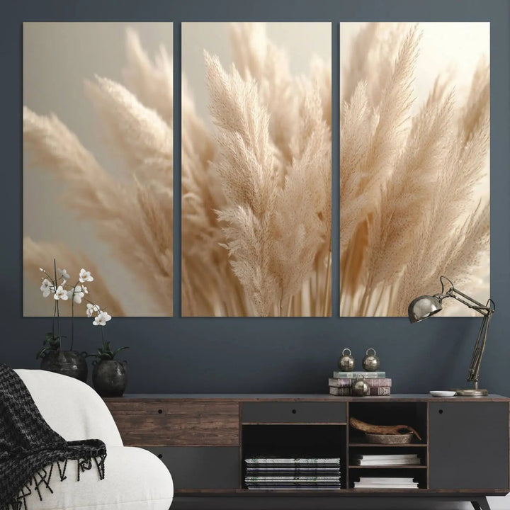 Pampas Grass Canvas Wall Art - Elegant Neutral Decor for Living Room, Boho Minimalist Artwork, Ready to Hang