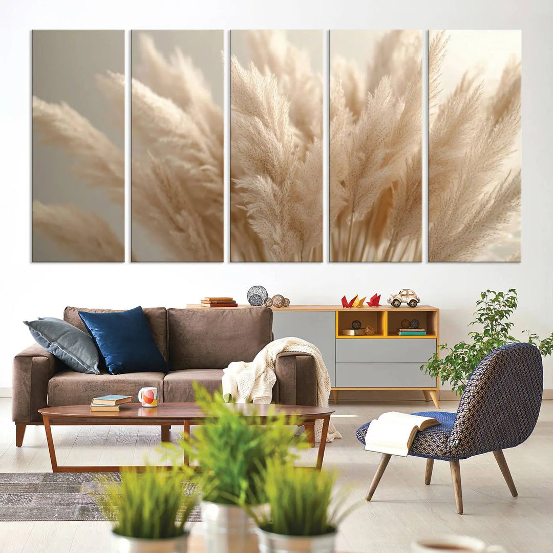 Pampas Grass Canvas Wall Art - Elegant Neutral Decor for Living Room, Boho Minimalist Artwork, Ready to Hang