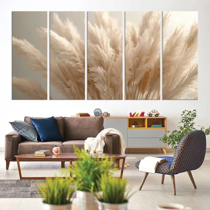 Pampas Grass Canvas Wall Art - Elegant Neutral Decor for Living Room, Boho Minimalist Artwork, Ready to Hang
