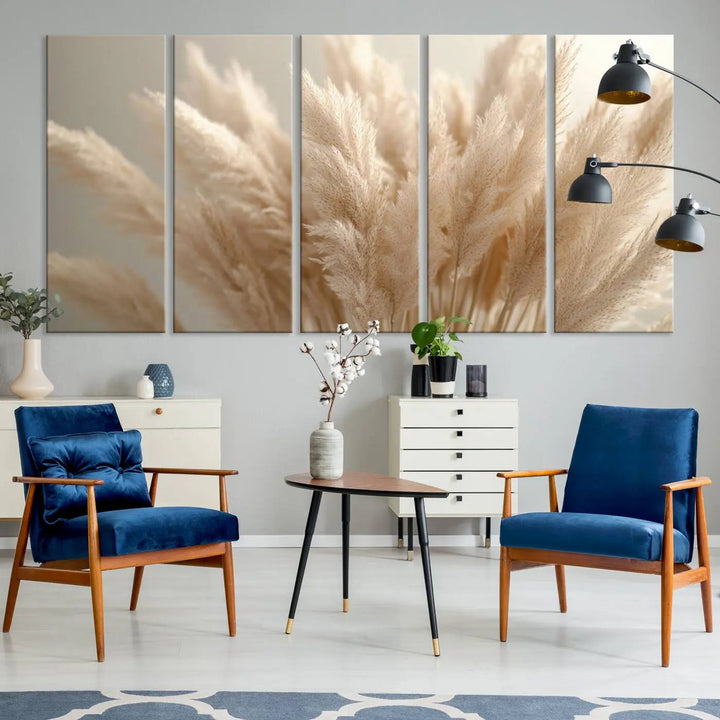 Pampas Grass Canvas Wall Art - Elegant Neutral Decor for Living Room, Boho Minimalist Artwork, Ready to Hang