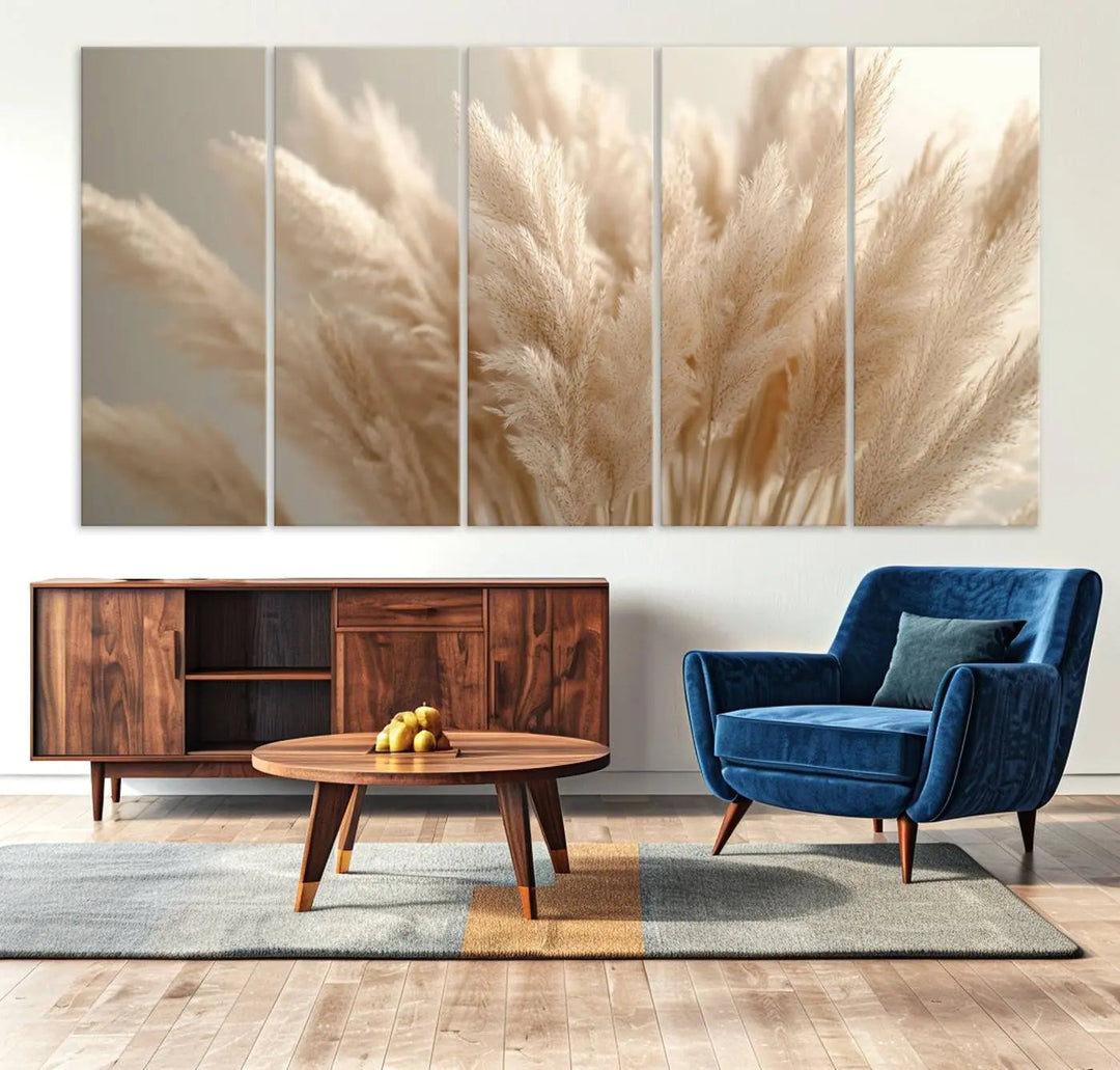 Pampas Grass Canvas Wall Art - Elegant Neutral Decor for Living Room, Boho Minimalist Artwork, Ready to Hang
