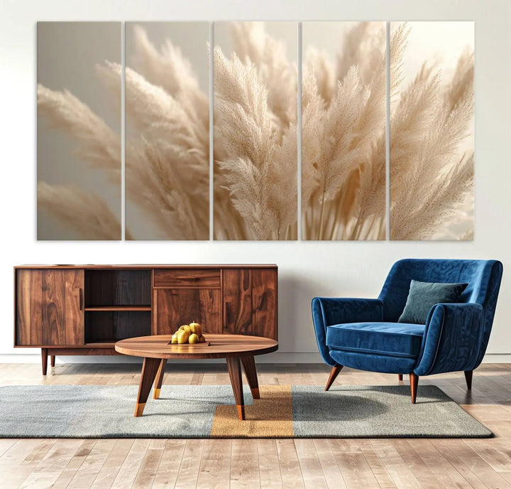 Pampas Grass Canvas Wall Art - Elegant Neutral Decor for Living Room, Boho Minimalist Artwork, Ready to Hang