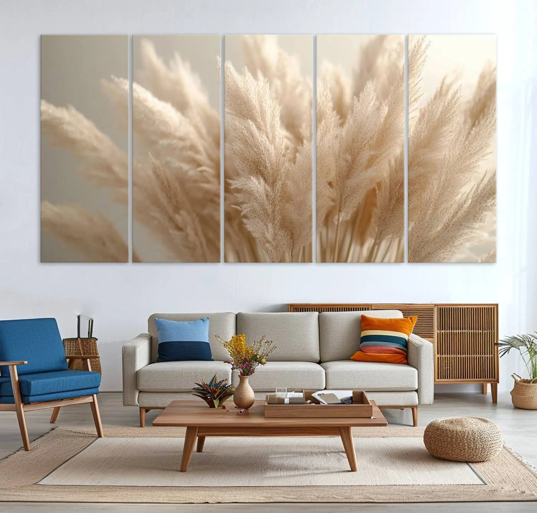Pampas Grass Canvas Wall Art - Elegant Neutral Decor for Living Room, Boho Minimalist Artwork, Ready to Hang