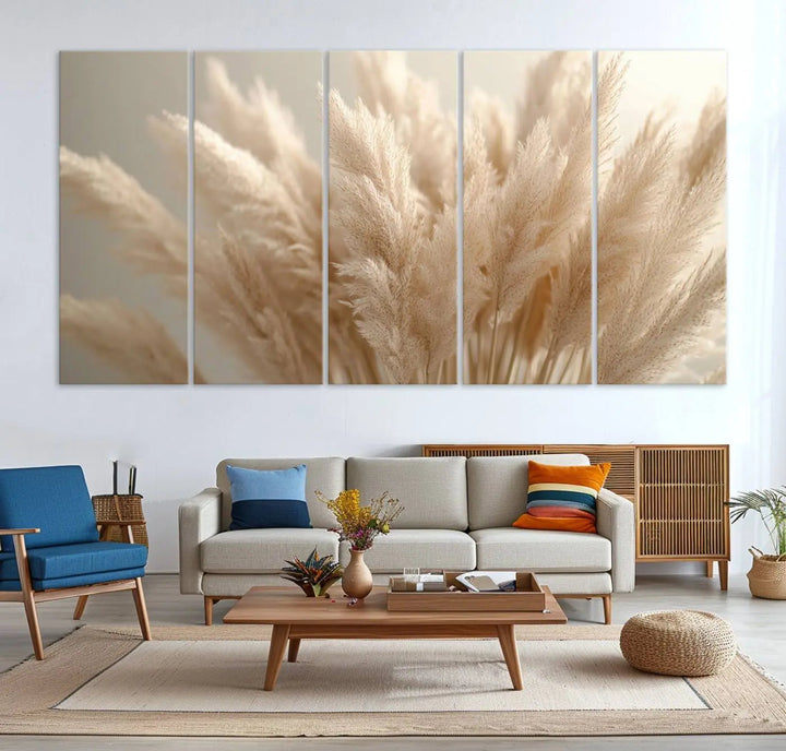 Pampas Grass Canvas Wall Art - Elegant Neutral Decor for Living Room, Boho Minimalist Artwork, Ready to Hang
