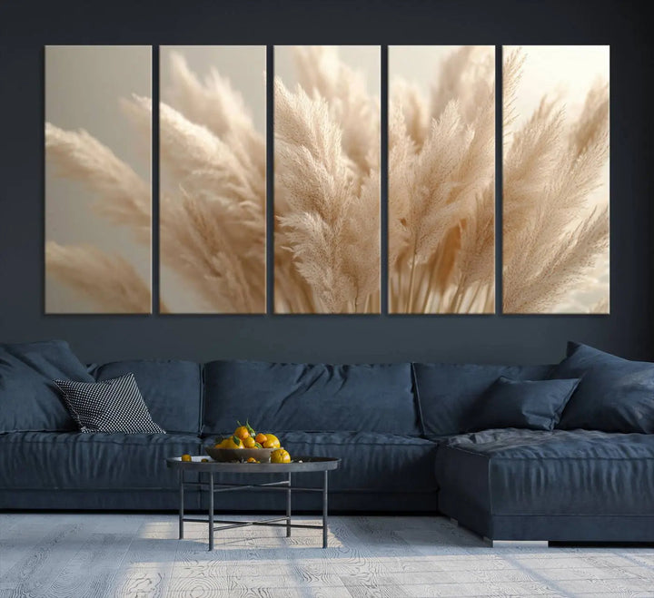 Pampas Grass Canvas Wall Art - Elegant Neutral Decor for Living Room, Boho Minimalist Artwork, Ready to Hang