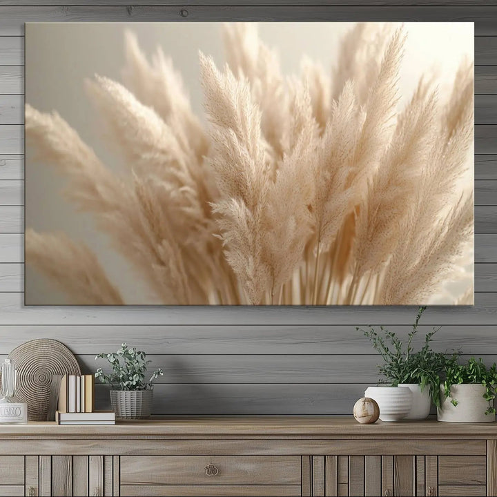 Pampas Grass Canvas Wall Art - Elegant Neutral Decor for Living Room, Boho Minimalist Artwork, Ready to Hang