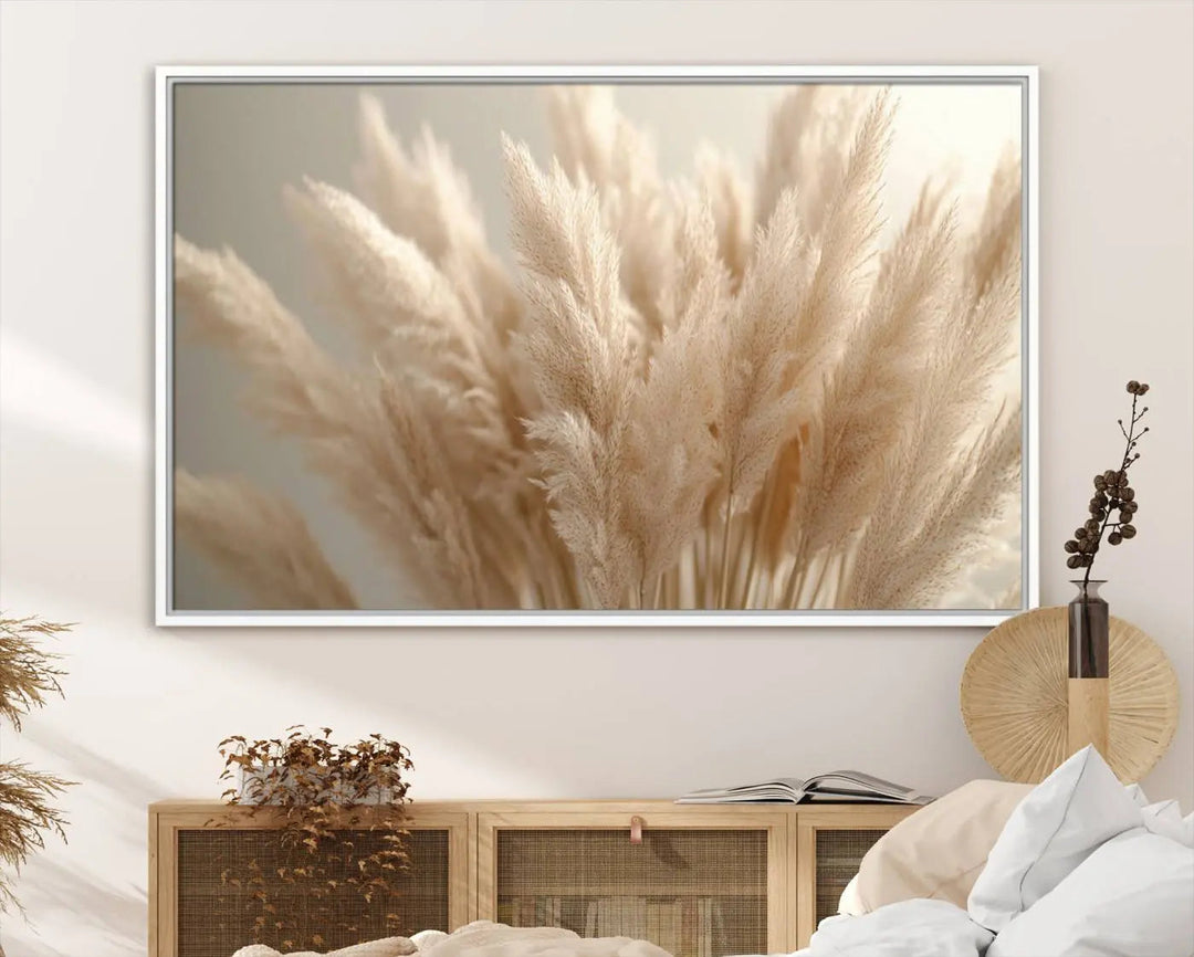 Pampas Grass Canvas Wall Art - Elegant Neutral Decor for Living Room, Boho Minimalist Artwork, Ready to Hang
