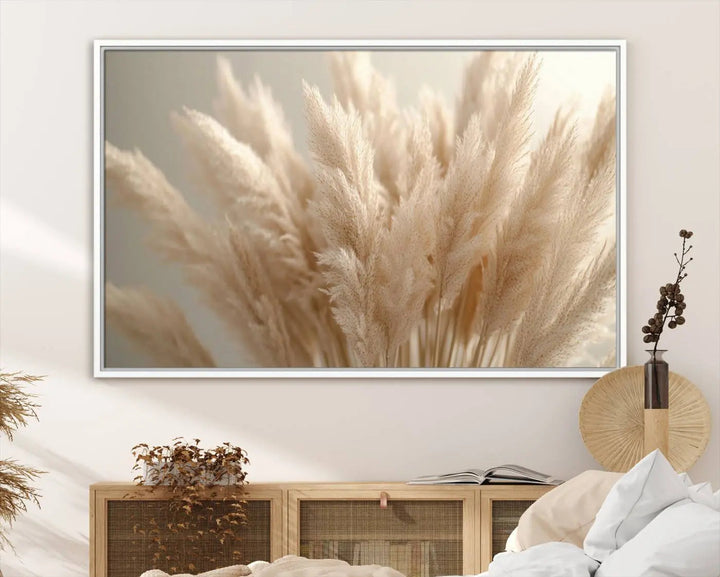 Pampas Grass Canvas Wall Art - Elegant Neutral Decor for Living Room, Boho Minimalist Artwork, Ready to Hang